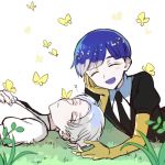  2others androgynous bangs blue_hair blunt_bangs bug butterfly cairngorm_(houseki_no_kuni) chin_rest closed_eyes gem_uniform_(houseki_no_kuni) golden_arms grass grey_hair happy houseki_no_kuni insect lying multiple_others necktie on_back on_stomach open_mouth phosphophyllite phosphophyllite_(ll) short_hair silver_hair sleeping smile spoilers thick_eyebrows tpi_ri white_background 
