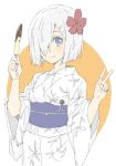  1girl blue_eyes donguri_suzume flower food food_request grey_hair grey_kimono hair_flower hair_ornament hair_over_one_eye hairclip hamakaze_(kantai_collection) hand_up hands_up holding holding_food kantai_collection long_sleeves looking_at_viewer obi one_eye_closed one_eye_covered red_flower sash short_hair smile solo upper_body w wide_sleeves 