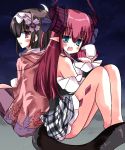  2girls aqua_eyes back-to-back bare_shoulders black_hair brown_eyes commentary_request crescent_moon cup curled_horns elizabeth_bathory_(fate) elizabeth_bathory_(fate)_(all) fate/grand_order fate_(series) hairband holding holding_cup long_hair moon multiple_girls night night_sky open_mouth osakabe-hime_(fate/grand_order) pink_eyes pink_hair pixiv_fate/grand_order_contest_2 pointy_ears purple_hairband purple_legwear ruugaruu sitting sky star_(sky) tail 