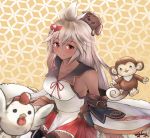  1girl bird blush breasts chicken collarbone commentary_request dark_skin detached_sleeves dog granblue_fantasy grey_hair hair_ribbon large_breasts long_hair looking_at_viewer monkey nontraditional_miko pleated_skirt red_eyes rengkong ribbon signature skirt smile solo zooey_(granblue_fantasy) 