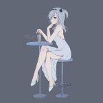  1girl alternate_costume bare_shoulders black_background blue_eyes breasts cup dress drink drinking_glass emia_wang from_side full_body high_heels kantai_collection long_hair medium_breasts one_eye_closed silver_hair simple_background sitting solo suzutsuki_(kantai_collection) translated white_dress white_footwear 