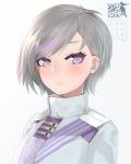  1girl bangs blush character_request commentary commission ehrrr english_commentary girls_frontline grey_background grey_hair highres jacket looking_at_viewer military military_uniform parted_lips short_hair solo swept_bangs twitter_username uniform upper_body violet_eyes white_jacket 