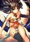  1girl absurdres armlet bare_shoulders black_hair black_legwear black_ribbon breasts closed_mouth collarbone earrings eyebrows_visible_through_hair fate/grand_order fate_(series) floating_hair hair_ribbon heavenly_boat_maanna highres hoop_earrings ishtar_(fate/grand_order) jewelry long_hair long_sleeves red_eyes ribbon single_sleeve single_thighhigh sketch small_breasts smile solo sukemyon thigh-highs thigh_gap thighs 