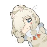  1girl alpaca_ears alpaca_suri_(kemono_friends) animal_ears bangs blonde_hair blue_eyes blush_stickers breast_pocket closed_mouth commentary_request extra_ears eyebrows_visible_through_hair fur_scarf hair_over_one_eye horizontal_pupils kemono_friends leaning_to_the_side long_sleeves looking_at_viewer medium_hair motion_lines platinum_blonde pocket scarf simple_background smile solo sweater tenya upper_body white_background 