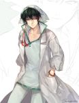  1boy akgi black_hair bracelet collared_shirt hakutaku_(hoozuki_no_reitetsu) hands_in_pockets hoozuki_no_reitetsu jewelry long_sleeves looking_at_viewer male_focus pants pearl_bracelet red_string shirt solo string white_background white_coat white_pants white_shirt 