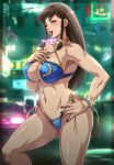  1girl bare_shoulders bikini blue_bikini blush bracelet braid breasts brown_eyes brown_hair chun-li cleavage collarbone fernando_sano halterneck hand_on_own_chest jewelry large_breasts long_hair muscle nail_polish navel necklace one_eye_closed open_mouth side-tie_bikini spiked_bracelet spikes stomach street_fighter swimsuit thick_thighs thighs tongue tongue_out 