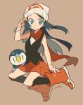  1girl :o auko bare_arms black_legwear black_skirt blue_eyes blue_hair boots bracelet brown_background eyebrows_visible_through_hair fingernails full_body gen_4_pokemon hair_ornament hand_on_own_head hat highres hikari_(pokemon) jewelry kneehighs miniskirt open_mouth piplup pokemon pokemon_(creature) pokemon_(game) pokemon_dppt red_footwear red_scarf red_skirt scarf signature skirt solo straight_hair tank_top white_hat 