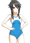  1girl 30-06 black_hair blue_swimsuit breasts hands_on_hips high_school_fleet highres long_hair looking_at_viewer munetani_mashiro ponytail red_eyes simple_background small_breasts solo swimsuit white_background 