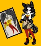  1girl animal_ears black_hair closed_mouth commentary dress grey_dress hands_in_hair high_heels imaizumi_kagerou laces long_hair neckerchief red_eyes red_legwear smile solo tail touhou wolf_ears wolf_tail yt_(wai-tei) 