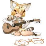  1girl :d animal_ears blush bow bowtie cat_ears cat_tail closed_eyes commentary drawing elbow_gloves full_body gloves guitar instrument kemono_friends lowres music open_mouth playing_instrument sand_cat_(kemono_friends) shirt short_hair simple_background sitting sleeveless sleeveless_shirt smile solo striped_tail tail welt_(kinsei_koutenkyoku) white_background yokozuwari 