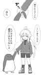  1girl ahoge bike_shorts bird blonde_hair blush blush_stickers comic greyscale hand_holding highres hijikata-san_(m.m) jacket koshirae_tsurugi long_hair m.m monochrome open_mouth original penguin shorts smile track_jacket translation_request 