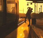  1boy 1girl ground_vehicle hug long_hair long_sleeves original ponytail railroad_tracks shadow snatti sunset train train_station yellow_sky 