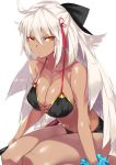  1girl ahoge bikini black_bikini breasts cleavage collarbone dark_skin fate/grand_order fate_(series) grey_hair hair_between_eyes hair_ornament hair_ribbon half_updo halterneck highres large_breasts leaning_forward looking_at_viewer majin_saber navel ohland ribbon scrunchie seiza shiny shiny_skin simple_background sitting solo swimsuit tsurime v-shaped_eyebrows white_background wrist_scrunchie yellow_eyes 