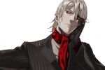  1boy antonio_salieri_(fate/grand_order) black_gloves chin_rest closed_mouth cravat fate/grand_order fate_(series) formal gloves looking_at_viewer male_focus pako pinstripe_pattern pinstripe_suit red_eyes silver_hair simple_background solo striped suit upper_body white_background 