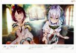  2girls absurdres atelier_(series) atelier_sophie bare_shoulders blush book brown_hair closed_eyes game_cg green_eyes hair_ornament highres huge_filesize long_hair multiple_girls noco_(adamas) official_art open_mouth plachta short_hair silver_hair smile sophie_neuenmuller 