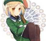  1girl axe bangs beret black_gloves black_shirt blonde_hair buttons closed_mouth coat collared_shirt eyebrows_visible_through_hair fate/grand_order fate_(series) fetal_position gloves green_coat green_hat hat kanasiinezimakineko light_blush long_sleeves looking_at_viewer object_hug orange_eyes panties parted_bangs paul_bunyan_(fate/grand_order) shirt short_hair smile solo underwear weapon 