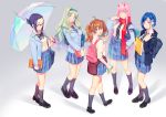  5girls ahoge aqua_eyes backpack bag blue_eyes blue_hair blue_jacket book boots bow bowtie breasts brown_hair candy cellphone clothes_around_waist darling_in_the_franxx fiodo folded_hair food glasses green_eyes grey_legwear hair_ornament hairband hairclip highres holding holding_book holding_cellphone holding_phone holding_umbrella hood hood_down hoodie horns ichigo_(darling_in_the_franxx) ikuno_(darling_in_the_franxx) jacket kokoro_(darling_in_the_franxx) light_brown_hair lollipop long_hair looking_at_viewer miku_(darling_in_the_franxx) multiple_girls necktie phone pink_hair plaid plaid_skirt red_horns red_scarf scarf school_bag school_uniform short_hair skirt sleeves_folded_up smile socks standing sweater_around_waist twintails umbrella uniform v wavy_hair zero_two_(darling_in_the_franxx) 