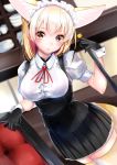  1girl animal_ears black_gloves blonde_hair blurry blurry_background breasts brown_eyes commentary_request dutch_angle extra_ears eyebrows_visible_through_hair fennec_(kemono_friends) fox_ears gloves head_tilt highres kemono_friends kinou_no_shika large_breasts long_hair looking_at_viewer maid_headdress puffy_short_sleeves puffy_sleeves short_sleeves solo thigh-highs underbust wrist_cuffs yellow_legwear zettai_ryouiki 
