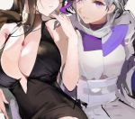  2girls bare_arms bare_shoulders black_dress breasts brown_hair character_request dress dsr-50_(girls_frontline) girls_frontline grey_hair hand_up head_out_of_frame huge_breasts jewelry liduke long_hair looking_at_viewer multiple_girls necklace parted_lips sash short_hair sketch smile turtleneck violet_eyes 