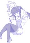  1girl animal_ears armband artist_name bangs blunt_bangs bow bowtie bunny_girl bunnysuit covered_navel dated detached_collar eyebrows_visible_through_hair flat_chest highleg highleg_leotard leotard long_hair monochrome rabbit_ears senki_zesshou_symphogear solo thigh-highs tsukuyomi_shirabe twintails wrist_cuffs zetsumu 