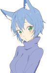  1girl absurdres animal_ears bangs blue_hair blue_sweater breasts closed_mouth copyright_request donguri_suzume green_eyes highres large_breasts long_sleeves looking_at_viewer short_hair simple_background solo sweater white_background 