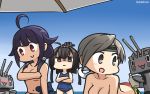 3girls :d ahoge akizuki_(kantai_collection) black_hair blue_eyes blue_swimsuit blush breasts chitose_(kantai_collection) chou-10cm-hou-chan crossed_arms dated empty_eyes grey_eyes grey_hair hair_flaps hamu_koutarou highres kantai_collection large_breasts long_hair low_twintails multiple_girls one-piece_swimsuit open_mouth ponytail purple_hair red_eyes school_swimsuit smile swimsuit taigei_(kantai_collection) twintails 