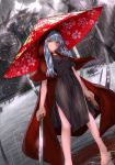  1girl barefoot black_skirt blue_hair breasts cloak dutch_angle floral_print grey_background holding holding_sword holding_weapon long_hair looking_at_viewer outdoors puddle rain red_hood red_umbrella rinsenjakusou sheath skirt small_breasts standing sword touran-sai weapon yellow_eyes 