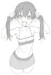  1girl :d bangs bare_arms bare_shoulders camisole cowboy_shot cropped_legs donguri_suzume greyscale hair_grab hands_up long_hair looking_at_viewer miniskirt monochrome open_mouth original round_teeth simple_background skirt smile solo standing teeth twintails white_background 