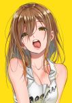  1girl bare_shoulders blush breasts brown_eyes brown_hair cleavage commentary_request hair_between_eyes kotori_asobu kunikida_hanamaru large_breasts long_hair looking_at_viewer love_live! love_live!_school_idol_project love_live!_sunshine!! open_mouth sidelocks simple_background solo tank_top teeth tongue upper_body yellow_background 