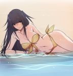  1girl bangle bangs beach bikini black_hair blunt_bangs bracelet breasts circlet fire_emblem fire_emblem:_kakusei fire_emblem_heroes jewelry long_hair looking_at_viewer navel smile solo swimsuit tharja tiara tusia two_side_up yellow_eyes 