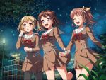 3girls bang_dream! blush brown_hair hanasakigawa_school_uniform ichigaya_arisa lamppost night night_sky official_art open_mouth playground school_uniform seifuku short_hair smile sparkle star_(sky) star_hair_ornament toyama_kasumi tree_branch violet_eyes yamabuki_saaya