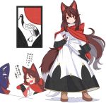  2girls :d adapted_costume animal_ears bow brown_hair capelet commentary_request dress fang fang_out hair_bow hanafuda hand_on_hip imaizumi_kagerou long_dress long_hair long_sleeves mittens multiple_girls open_mouth red_eyes redhead sash sekibanki short_hair smile tail tamahana touhou translation_request wide_sleeves wolf_ears wolf_tail 
