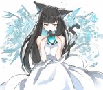  1girl animal_ears bangs bare_shoulders black_hair blue_flower brown_eyes cat_ears cat_girl cat_tail covered_mouth dress flower hands_up heart highres holding long_hair looking_at_viewer mitu_yang original ribbon sleeveless sleeveless_dress solo tail tail_raised very_long_hair white_background white_dress white_ribbon 
