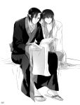  2boys akgi black_hair greyscale hakutaku_(hoozuki_no_reitetsu) holding_scroll hoozuki_(hoozuki_no_reitetsu) hoozuki_no_reitetsu horn japanese_clothes male_focus monochrome multiple_boys oni_horn sandals scroll shirt sitting white_coat white_shirt 