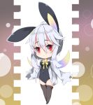 1girl :&lt; animal_ears bangs black_legwear black_leotard blush bow bowtie breasts bunny_girl bunny_tail chibi closed_mouth collared_shirt commentary_request covered_navel dress_shirt eyebrows_visible_through_hair gradient_wings grey_shirt hair_between_eyes leotard long_hair long_sleeves looking_at_viewer medium_breasts milkpanda multicolored multicolored_wings no_shoes open_clothes open_shirt original rabbit_ears red_eyes shirt silver_hair sleeves_past_fingers sleeves_past_wrists solo standing strapless strapless_leotard tail thigh-highs wings yellow_neckwear 