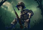  1girl backpack bag brown_hair camouflage commentary english_commentary erica_(naze1940) glasses gun hat holding holding_gun holding_weapon jungle military military_hat military_uniform nature one_knee original short_hair soldier solo uniform vietnam_war watch watch weapon 