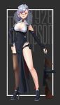  1girl absurdres alternate_costume alternate_hairstyle breasts cleavage elbow_gloves girls_frontline glasses gloves grey_hair gun high_heels highres hug0- large_breasts legs pince-nez single_thighhigh solo submachine_gun thigh-highs thompson_submachine_gun_(girls_frontline) weapon 