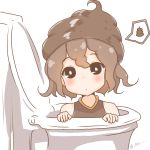  1girl black_eyes brown_hair hat original poop raayu_(0u_rayu) short_hair solo symbol-shaped_pupils toilet twitter_username upper_body 
