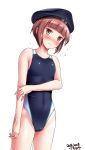 1girl artist_name black_hat black_swimsuit brown_eyes brown_hair clothes_writing competition_swimsuit covered_navel cowboy_shot dated hat highres kantai_collection looking_down one-piece_swimsuit sailor_hat short_hair simple_background solo swimsuit tsuchimiya white_background z3_max_schultz_(kantai_collection) 