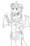  1girl :d apron braid commentary demon_girl demon_horns english_commentary greyscale horns lilim_(monster_girl_encyclopedia) long_hair maritan_(pixelmaritan) monochrome monster_girl_encyclopedia open_mouth original pointy_ears runa smile solo stuffed_toy tail thigh-highs whisk 