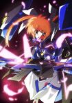  1girl armor armored_dress bangs black_gloves blue_eyes boots brown_hair bygddd5 commentary_request dress energy_weapon eyebrows_visible_through_hair foreshortening fortress_(nanoha) gloves glowing_feather hair_ribbon highres holding long_dress long_sleeves looking_at_viewer lyrical_nanoha magical_girl mahou_shoujo_lyrical_nanoha_the_movie_3rd:_reflection open_mouth raising_heart ribbon short_hair solo takamachi_nanoha twintails white_dress white_footwear white_ribbon 