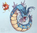  2016 bubble commentary creature english_commentary etherealhaze evolution fangs gen_1_pokemon grey_background gyarados magikarp open_mouth pokemon pokemon_(creature) signature simple_background whiskers 