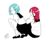 2others alternate_costume androgynous aqua_eyes aqua_hair artist_request contemporary green_eyes green_hair hair_between_eyes houseki_no_kuni long_bangs looking_at_another multiple_others phosphophyllite red_eyes redhead sailor_collar school_uniform shinsha_(houseki_no_kuni) short_hair sitting skirt snail sparkle squatting white_background