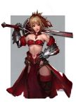  1girl absurdres blonde_hair breasts clarent commentary detached_collar english_commentary fate/apocrypha fate_(series) gauntlets green_eyes hair_ornament hair_scrunchie hand_on_hip highres midriff mordred_(fate) mordred_(fate)_(all) navel over_shoulder red_lips rix2118 scrunchie short_hair short_ponytail small_breasts solo spiky_hair sword sword_over_shoulder weapon weapon_over_shoulder 