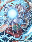  1girl blue_eyes breasts cleavage copyright_name electricity force_of_will hair_ornament horns jewelry long_hair mermaid midriff monster_girl nanahara_shie navel necklace official_art open_mouth shaela_(force_of_will) solo teeth underwater white_hair 