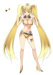  1girl armlet bare_shoulders belt bikini blonde_hair breasts character_request closed_mouth color_guide crown full_body hands_up high_heels large_breasts legband long_hair looking_at_viewer mini_crown monster_hunter navel oota_yuuichi personification simple_background solo standing swimsuit twintails very_long_hair white_background yellow_bikini yellow_footwear 
