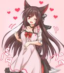  1girl ;d amagi_(amagi626) animal_ears apron black_bow black_choker blush bow breasts brown_hair choker cleavage clenched_hand collarbone commentary_request dress eyebrows_visible_through_hair fang feet_out_of_frame frilled_apron frills gradient gradient_background hair_between_eyes hair_bow head_tilt heart heart_apron highres imaizumi_kagerou large_breasts long_hair looking_at_viewer one_eye_closed open_mouth pink_apron pink_background red_bow red_eyes short_sleeves sidelocks smile solo standing tail touhou translated very_long_hair white_dress wolf_ears wolf_tail 