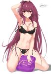  1girl arm_up bangs black_bra black_panties bra breasts cleavage collarbone eyebrows_visible_through_hair fate/grand_order fate_(series) kesoshirou lace lace-trimmed_bra lace-trimmed_panties large_breasts lingerie long_hair looking_at_viewer navel panties parted_lips purple_hair red_eyes scathach_(fate/grand_order) signature sketch solo strap_slip underwear underwear_only yes-no_pillow 