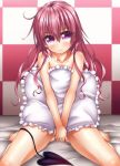  1girl absurdres bangs barefoot bed_sheet blush checkered checkered_background closed_mouth collarbone commentary_request covering covering_crotch demon_tail derivative_work eyebrows_visible_through_hair frilled_pillow frills gluteal_fold hair_between_eyes head_tilt highres long_hair looking_at_viewer nana_asta_deviluke nude_cover oooqqq pillow pink_hair sitting solo tail to_love-ru very_long_hair violet_eyes wariza 