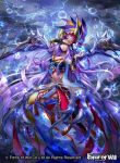  1girl blue_eyes bracelet breasts cleavage copyright_name electricity facial_mark flower force_of_will hair_flower hair_ornament japanese_clothes jewelry long_hair midriff misa_tsutsui navel official_art purple_hair solo wings 